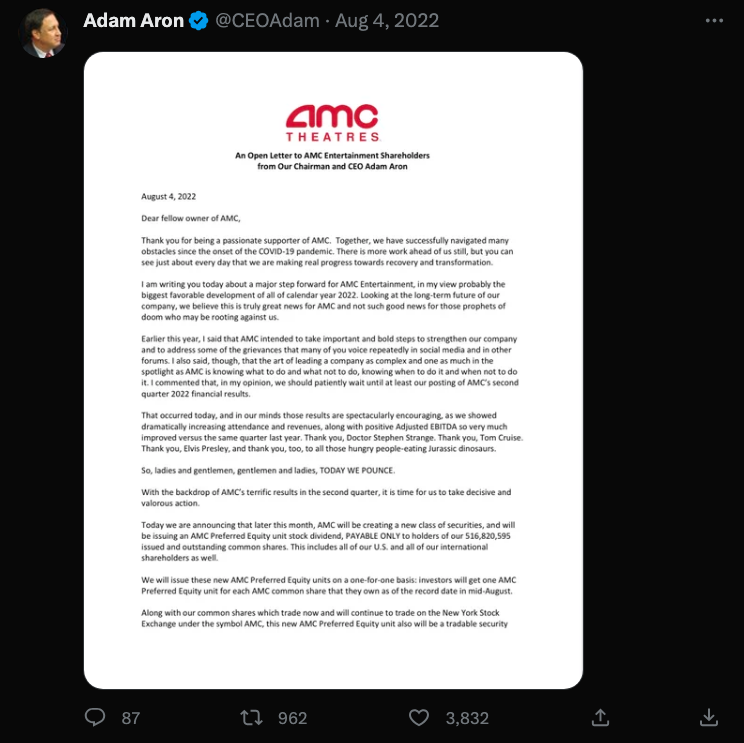 CEO Open Letter - Dividend Announcement